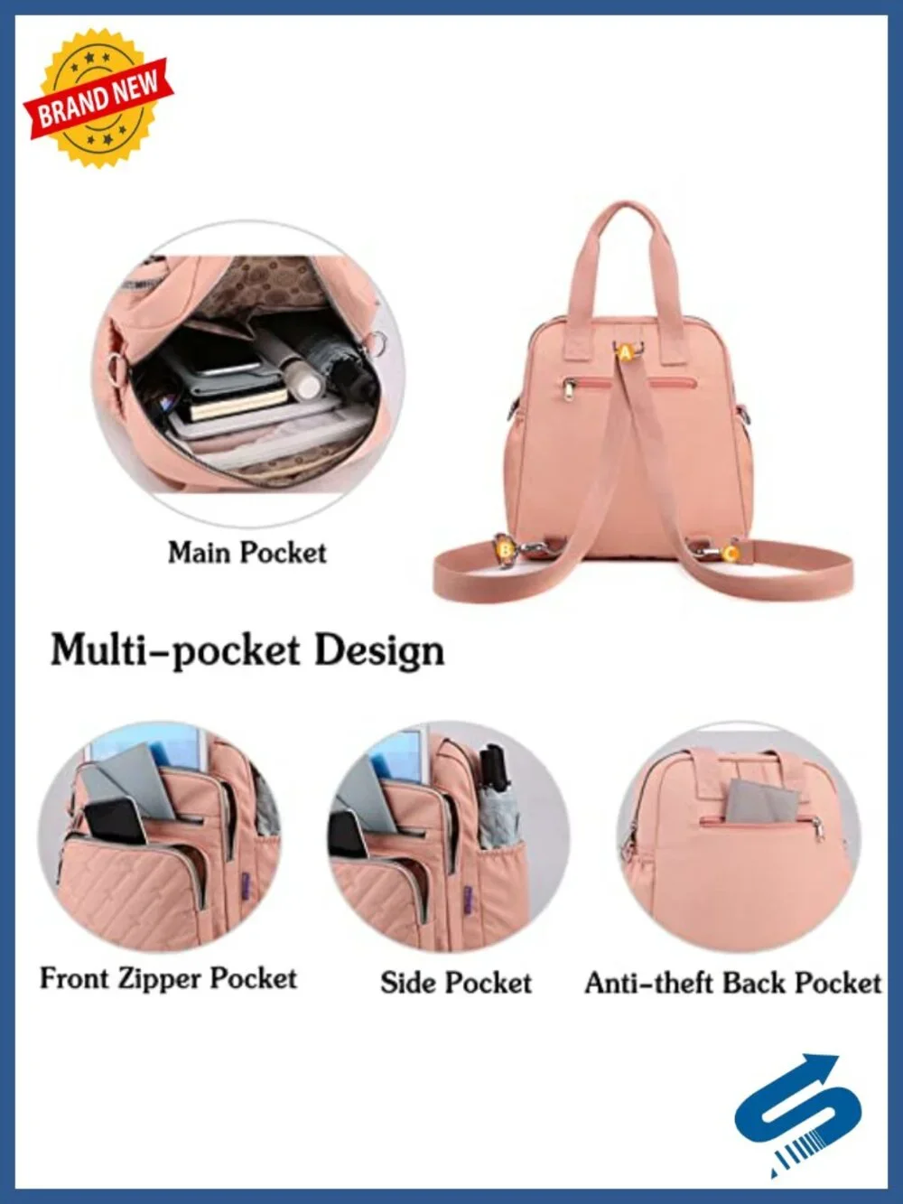Women's Fashion Backpack with USB Charging Port Nylon Daypack for Work Travel